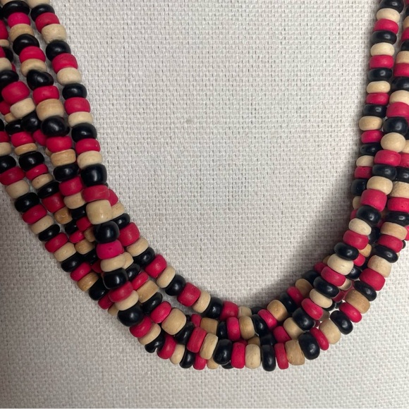 Vintage 1980's Wooden Beaded Necklace Black, Cream,‎ Red Five Strands - Picture 3 of 12